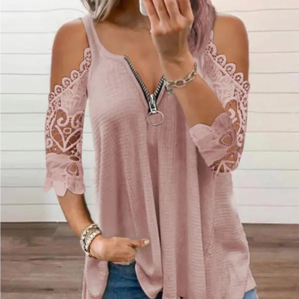 ChicMe Pink Contrast Lace Cold Shoulder Zip Front Top! 3XL NWOT!